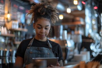 Young Barista Using Tablet in Cozy Coffee Shop