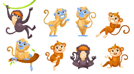 Various cartoon monkeys in playful poses, bright colors, white background. Animal character illustrations. Vector illustration