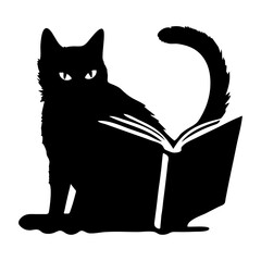 A black cat sitting and reading a book, with its tail curled around the book
