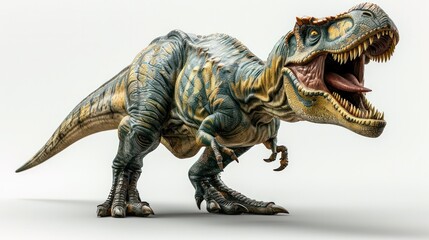 Fototapeta premium A fierce battle pose of a T-Rex against a white background, highlighting its power.