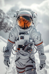 Astronaut exploring the surface of an alien snow-covered planet.