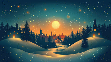 Naklejka premium A magical winter night scene featuring a snowy village under a starry sky with a bright full moon.