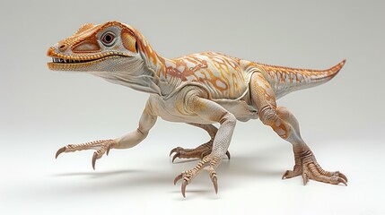 Naklejka premium A fierce Velociraptor in a dynamic pose on a white background, showcasing its agility and claws.