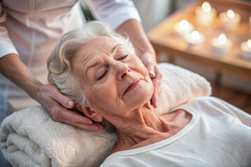 An elderly woman receives a relaxing rejuvenating facial massage in a spa salon. The concept of beauty at any age.