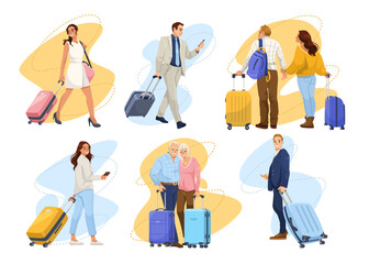 Various travelers with luggage on abstract backgrounds. Vector illustration