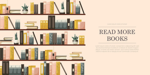 Illustration of bookshelves with various books and plants on beige background. Concept of reading promotion. Vector illustration © GN.STUDIO