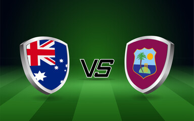 Australia vs West indies flag shields on a green field backdrop are icons of their fierce cricket competition