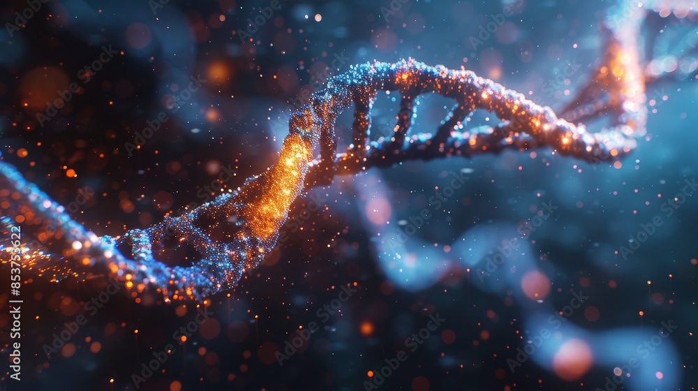 Wall mural abstract visualization of dna helix with glowing particles in a futuristic scientific background