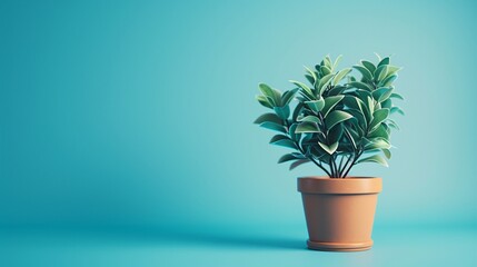 Fototapeta premium Potted green plant in terracotta pot on blue background, minimalist home decor and houseplant concept, modern interior design. 3D Illustration.
