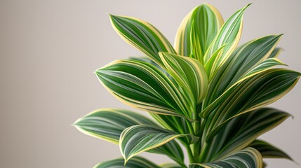 A detailed shot of a dracaena leaf with its striped pattern against a white background.