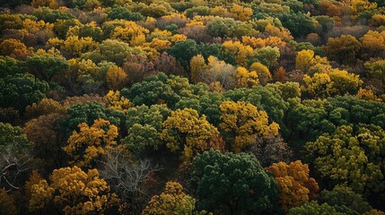 Fototapeta premium Aerial view of a forest in autumn with vibrant yellow, orange, and green foliage, showcasing the beauty of the changing seasons.