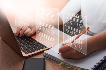  E-learning, education, online exam concept.Choose correct answer. Education internet online digital technology concept. New Year education 2025 background.