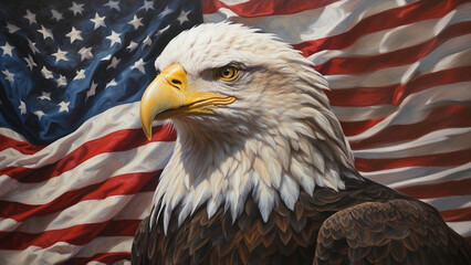 Naklejka premium Bald eagle with United State of America flag as background