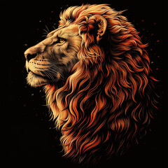 Naklejka premium Digital illustration of a majestic lion with a fiery mane, set against a black background, showcasing strength and nobility.