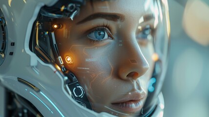 Futuristic Close-Up of a Woman in a High-Tech Space Helmet with Digital Interface Reflections