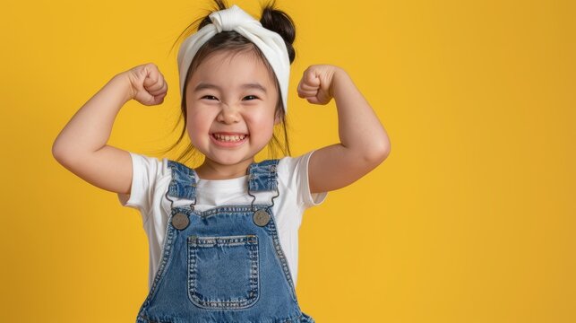 Smile, portrait, and girl with arm flex in studio for confidence, strength, and power on yellow background. Happy, excited kid with bicep strength, stance, empowerment, positive or progress symbol.