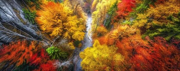 Aerial view of a vibrant autumn forest with a winding river cutting through the colorful foliage, showcasing the beauty of fall nature scenery.