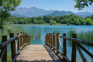 Serene Mountain Lake Landscape with Wooden Bridge