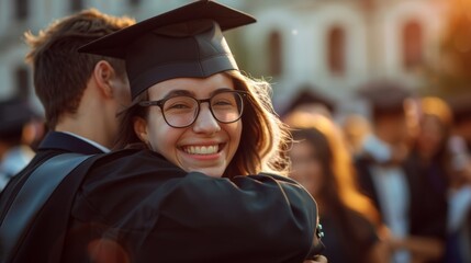 Fototapeta premium Hug, graduation, student success, cheerful and smiling in gown; outdoor. Graduation, gladness, or embrace for university, college, or diploma education