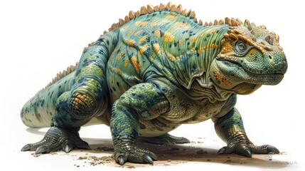 Obraz premium A detailed Iguanodon with its distinctive thumb spike on a white background.