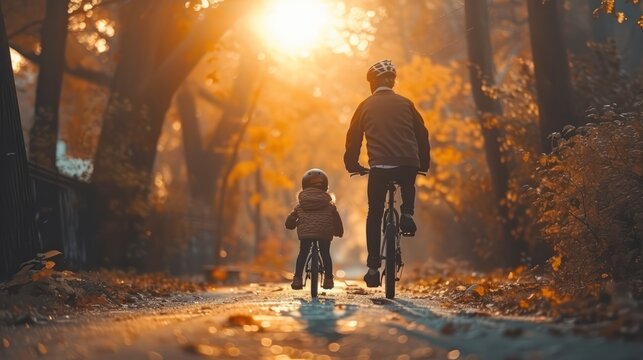 A dad teaching his daughter how to ride a bicycle on Father's Day, both filled with joy and excitement.