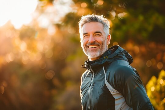 Man on his 50s enjoying outdoors activity, shallow focus, hiking sport, smiling sports man, self-improvement, copy space