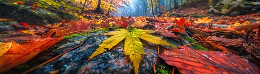 Stunning close-up of colorful autumn leaves on a forest floor, showcasing vibrant fall foliage with a serene woodland backdrop.