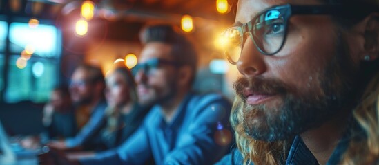 Obraz premium Focused Professionals Working in Modern Office with Warm Lighting and Creative Atmosphere