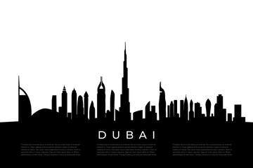 Fototapeta premium Dubai skyline silhouette with iconic buildings and landmarks in monochrome.