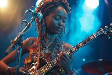 Obraz premium Female Musician Playing Guitar on Stage