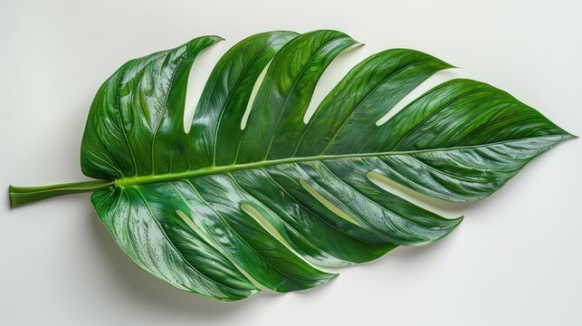 A beautiful heliconia leaf displayed on a white background, showcasing its elongated shape and vibrant green color.