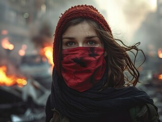 Realistic portrait of a protester in the usa standing amidst riots and overturned cars, expressing conflicting emotions and the intensity of the situation.