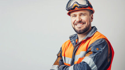 Smiling construction worker wearing orange safety gear and helmet. Confident and cheerful expression highlights his positive attitude