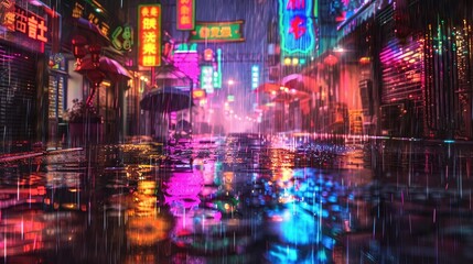 Luminescent neon lights reflecting in rain-soaked city streets at dusk