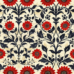 Seamless pattern of traditional Kalamkari art from India with flowers on a textured background in bright colors.