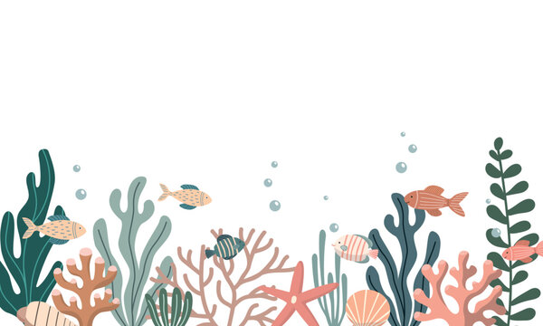 Fishes, seaweed and corals horizontal seamless border. Hand drawn underwater life. Great for fabric, textile, apparel, digital paper. Isolated on white background