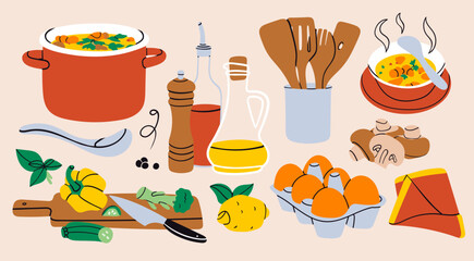 Soup in pan, utensils, pepper grinder, oil, mushrooms, cutting board, lemon, eggs, napkin, seasonal vegetables. Delicious vegetarian food concept. Hand drawn Vector illustration. Isolated elements