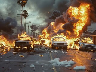 This gripping image captures the intense chaos of street riots in the usa, featuring overturned cars and fires, providing a jarring portrayal of civil unrest and societal turmoil.