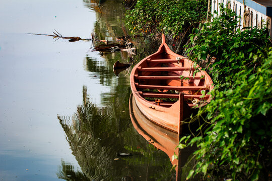 Canoe stationed along the kochi backwaters in the indian state of Kerala. Conoe is the traditional way to move around for the local people.