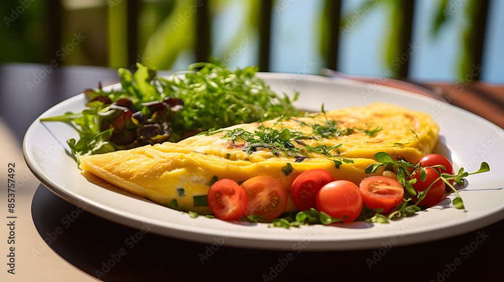Wall mural A plate of omelet with fresh fruit cut photography poster background - Wall murals