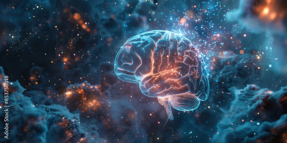 Poster a digital representation of a brain, glowing in a virtual space, symbolizing artificial intelligence