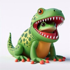 Fototapeta premium A green and yellow dinosaur is eating a frog