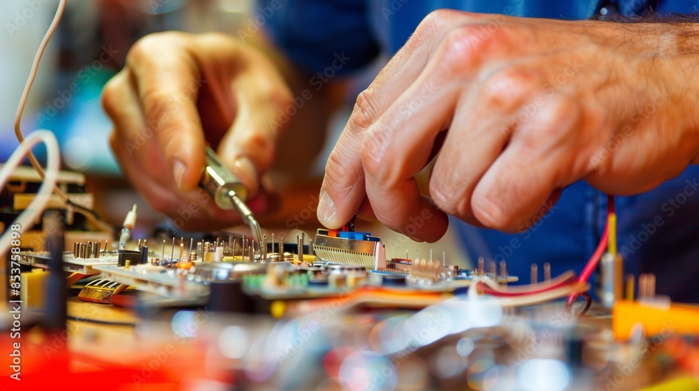 Poster close-up of hands working on electronics with tools on a circuit board