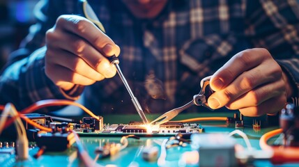 Close-up of hands soldering electronic components on a circuit board