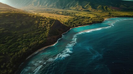 Fototapeta premium Aerial view of a pristine coastline with clear blue waters, lush greenery, and rugged terrain under a clear sky.