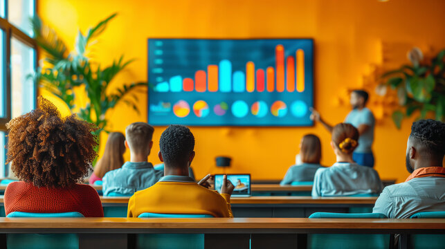 A group of diverse individuals listen intently as a presenter shares data visualizations on a large screen. The bright, modern workspace setting reflects a dynamic and collaborative environment