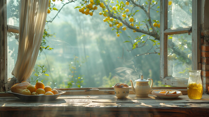 Fototapeta premium A rustic windowsill with a steaming teapot, a cup of tea, and fruit, bathed in the morning sun. The view outside the window is of a lush garden with a fruit tree