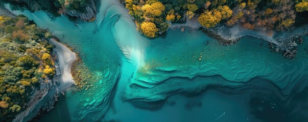 Aerial view of a stunning turquoise river flowing through autumnal forest, showcasing natural beauty and vibrant fall colors.