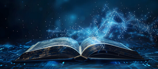 Open book with glowing data pages and Digital Code, Integration of technology in education, dark blue AI study environment. The concept of Modern digital book for learning in digital futuristic style.