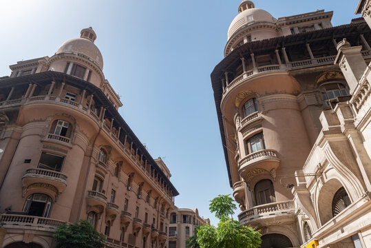 Classic Cairo architecture with details showing beautiful covered balconies and domed roofs, historical buildings of downtown Cairo reflect its cosmopolitan past. Egypt.